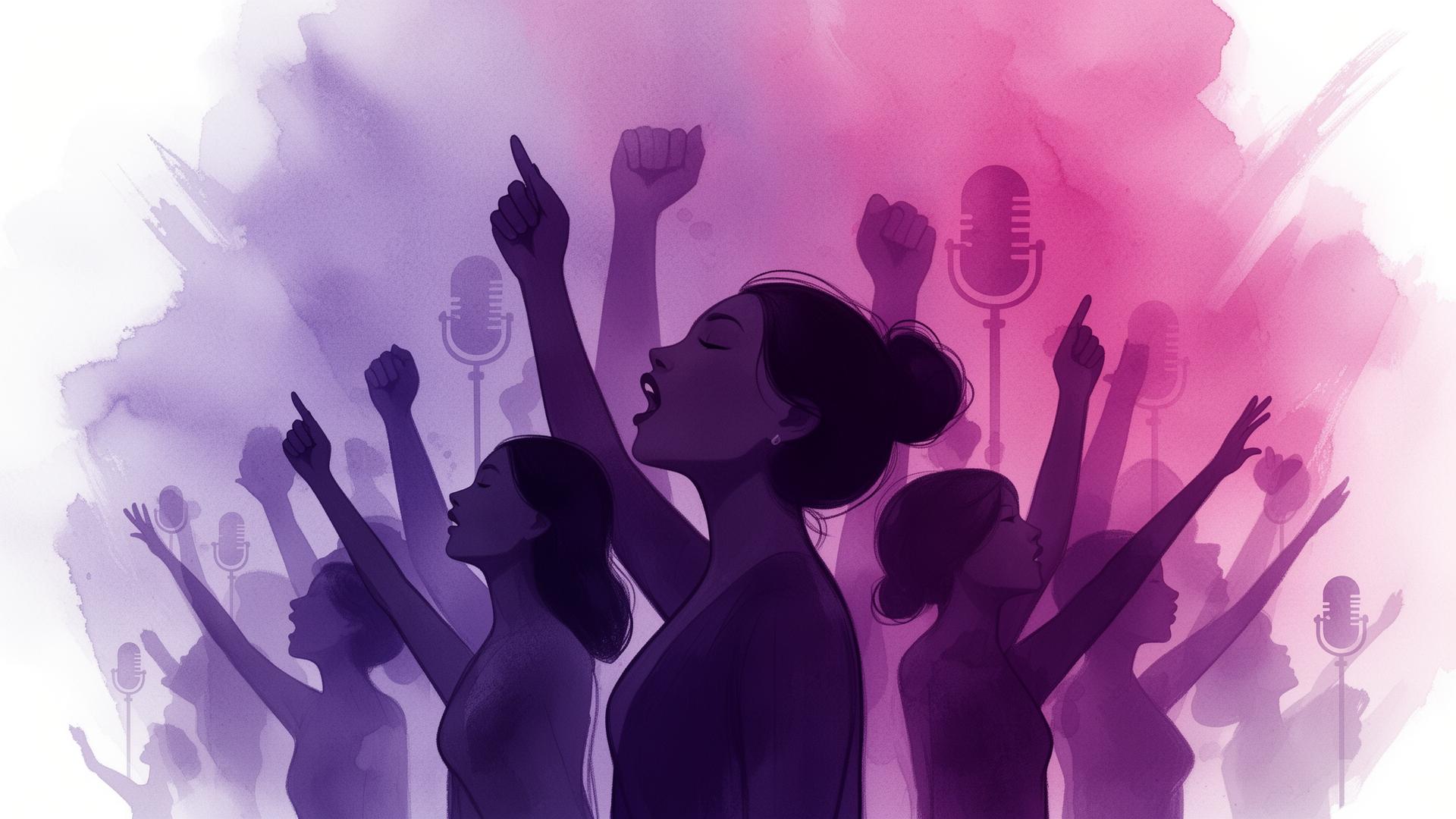 Ilustração de mulheres com vozes erguidas em solidariedade